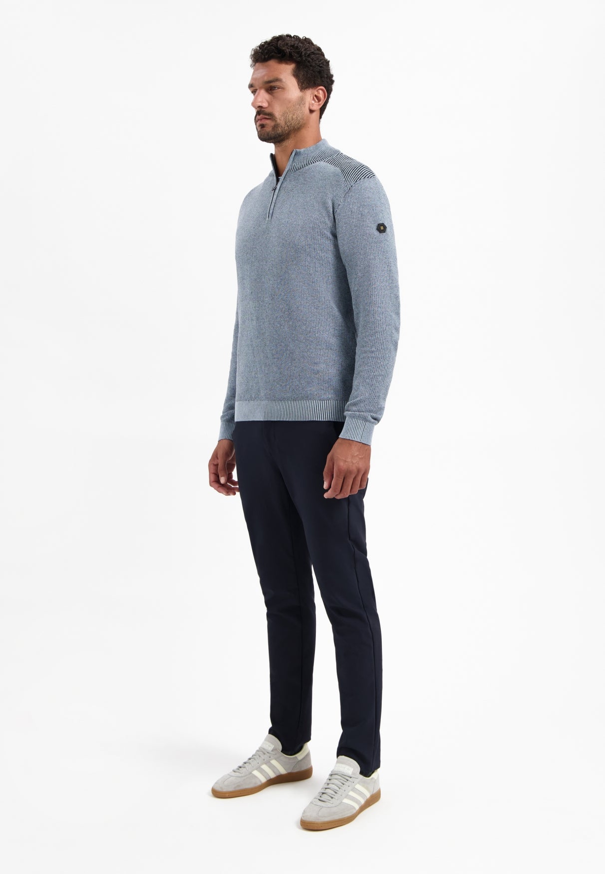 Trui met gestructureerde halve rits | Dusty Blue