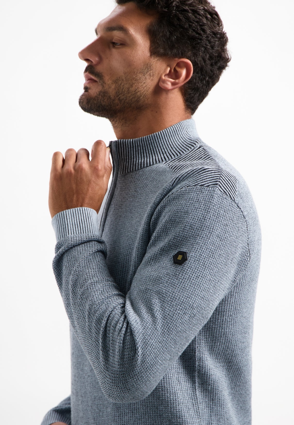 Trui met gestructureerde halve rits | Dusty Blue
