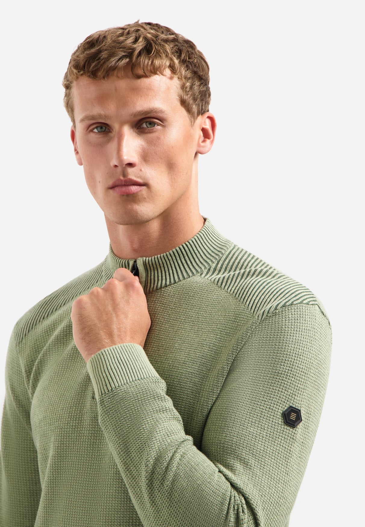 Trui met gestructureerde halve rits | Light Moss