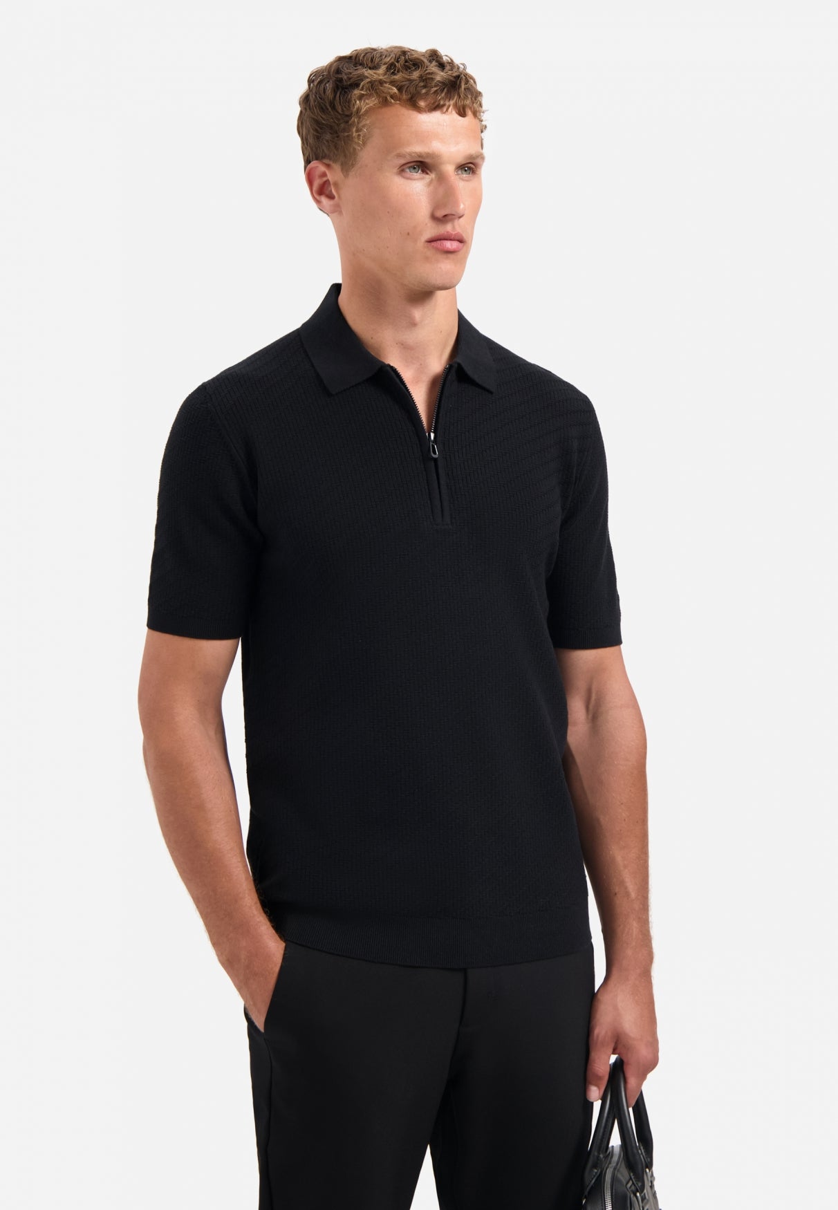 Gebreide polo met halve rits | Zwart