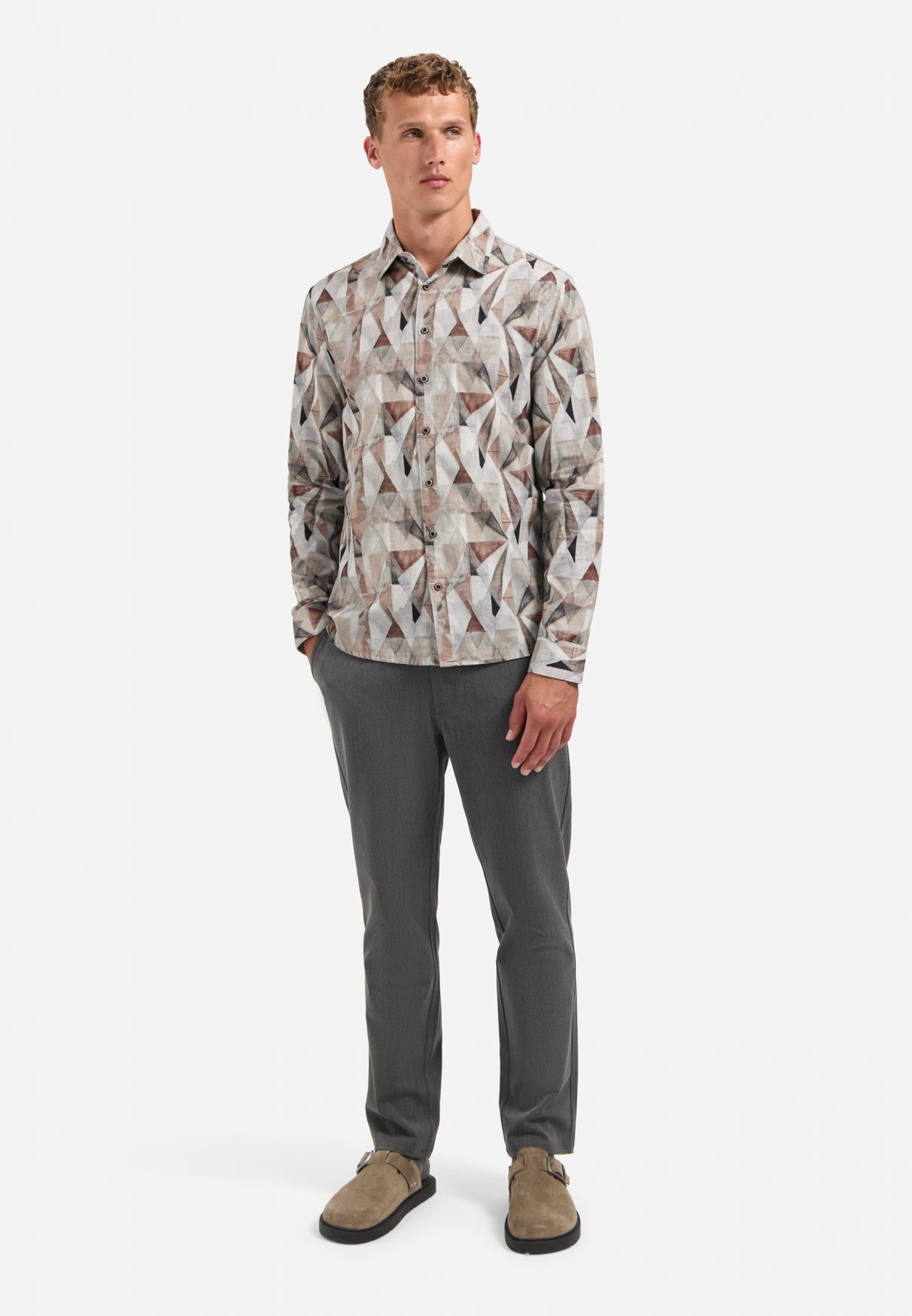 Bedrukt stretchshirt | Taupe