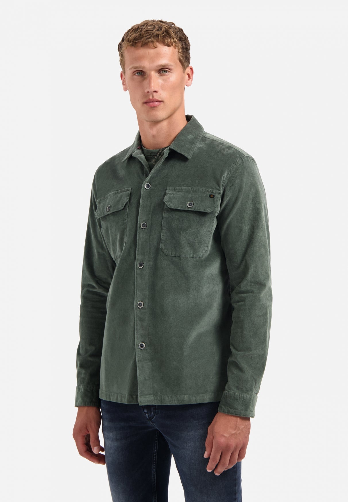 Overshirt met knoopsluiting in velvetstof | Dark Green