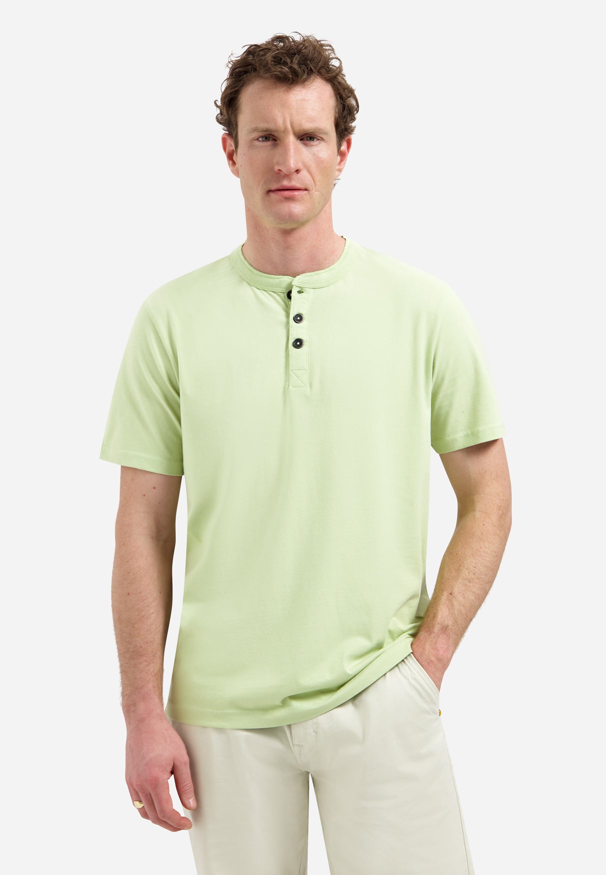 Melange T-shirt met knoopsluiting | Green