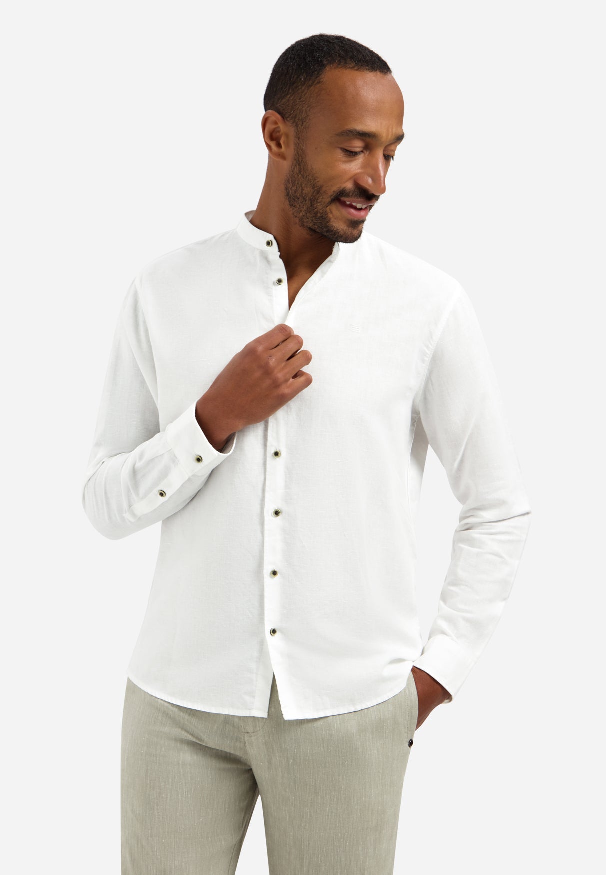 Linnenblend overhemd met staande kraag | White