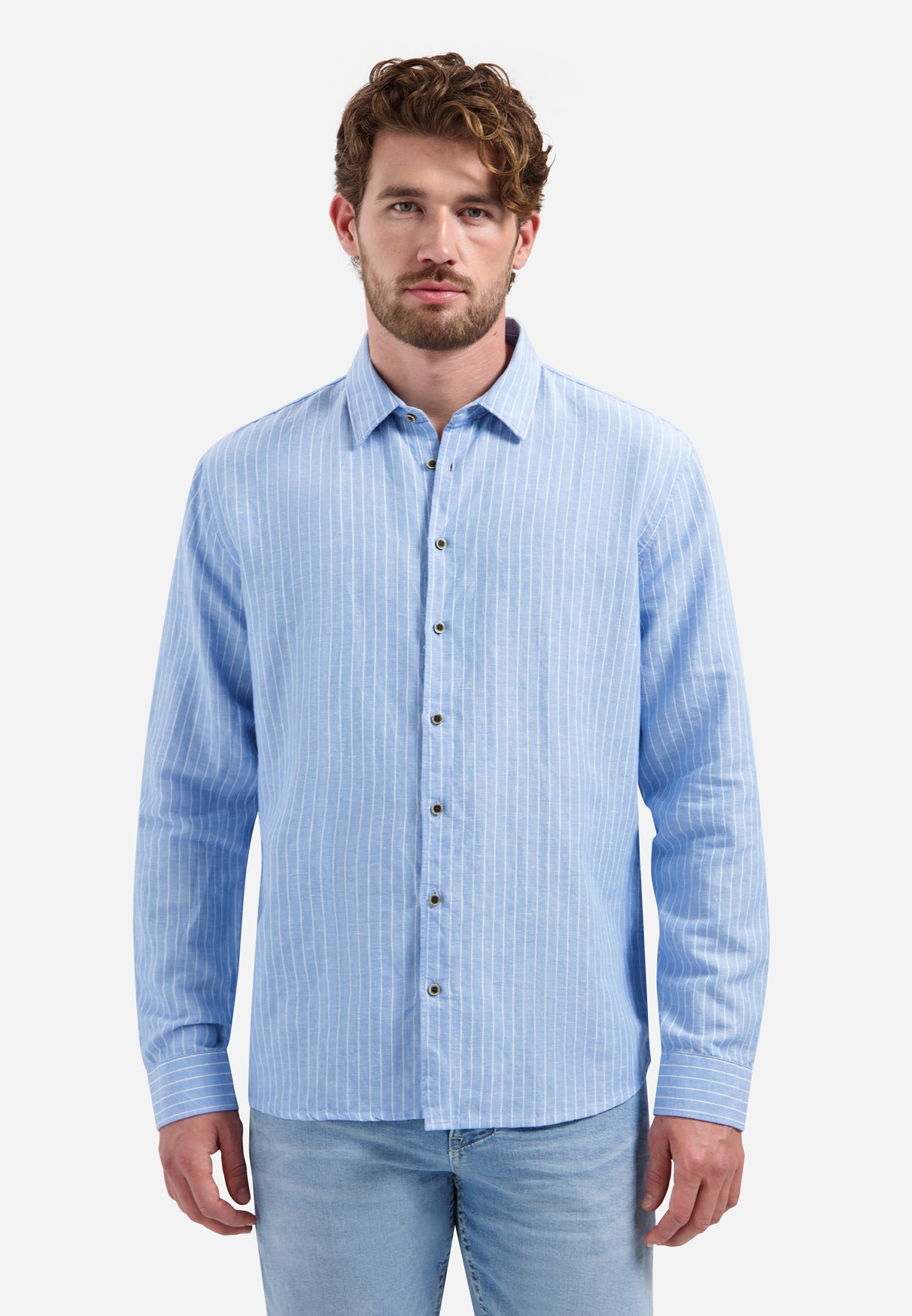 Shirt van linnenmix met fijne strepen | Blauw