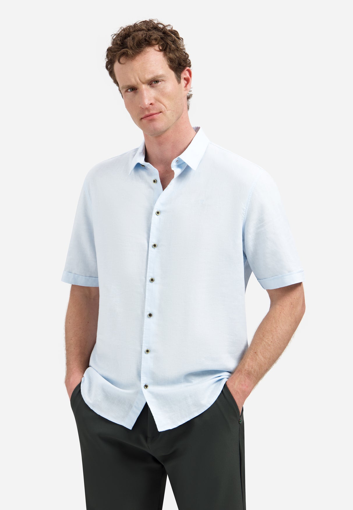 Shirt van linnenmix met korte mouwen | Sky