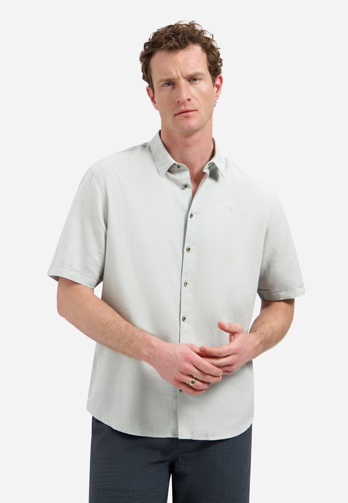 Shirt van linnenmix met korte mouwen | Dusty Green