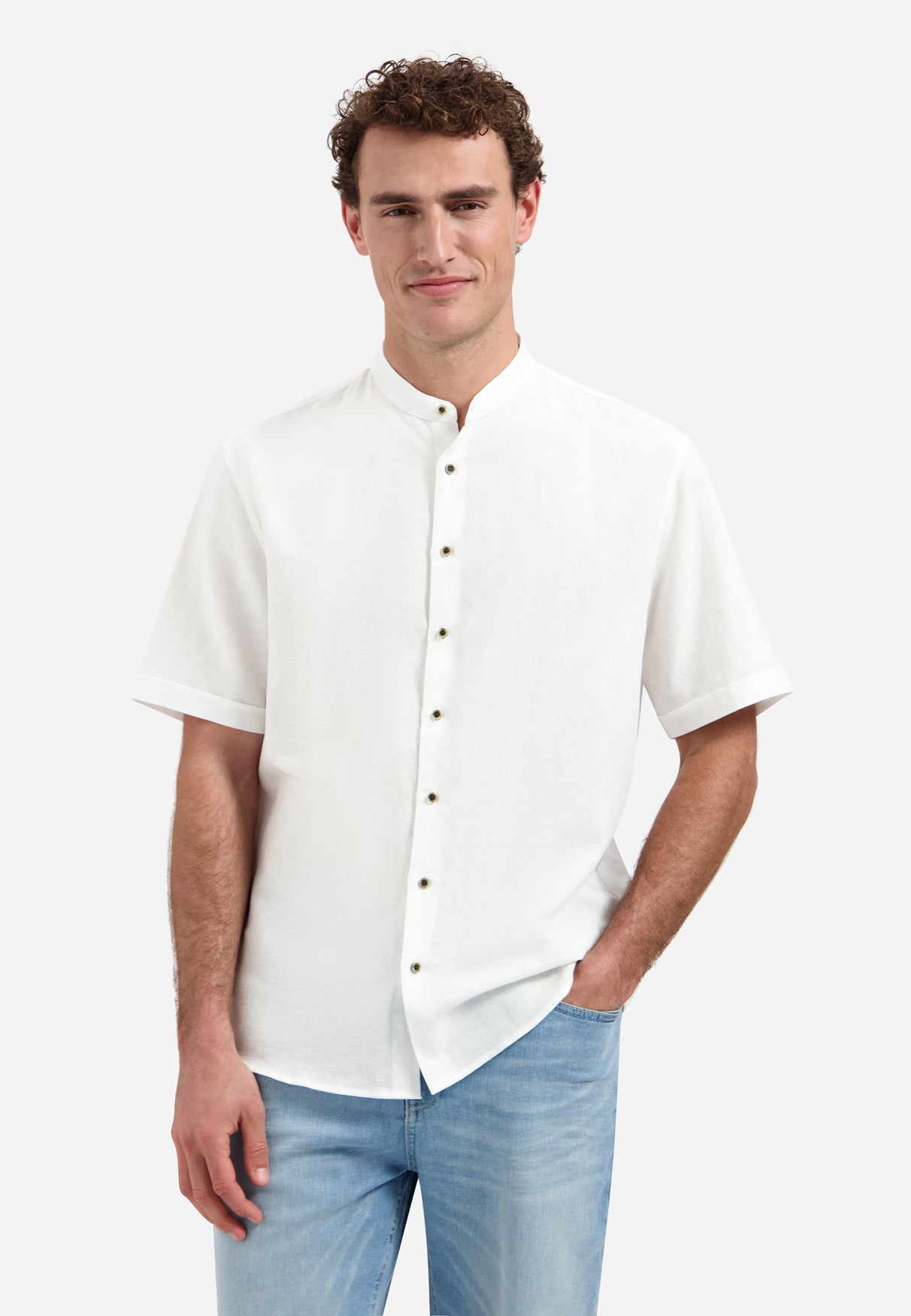 Linnenblend overhemd met korte mouw en staande kraag | White