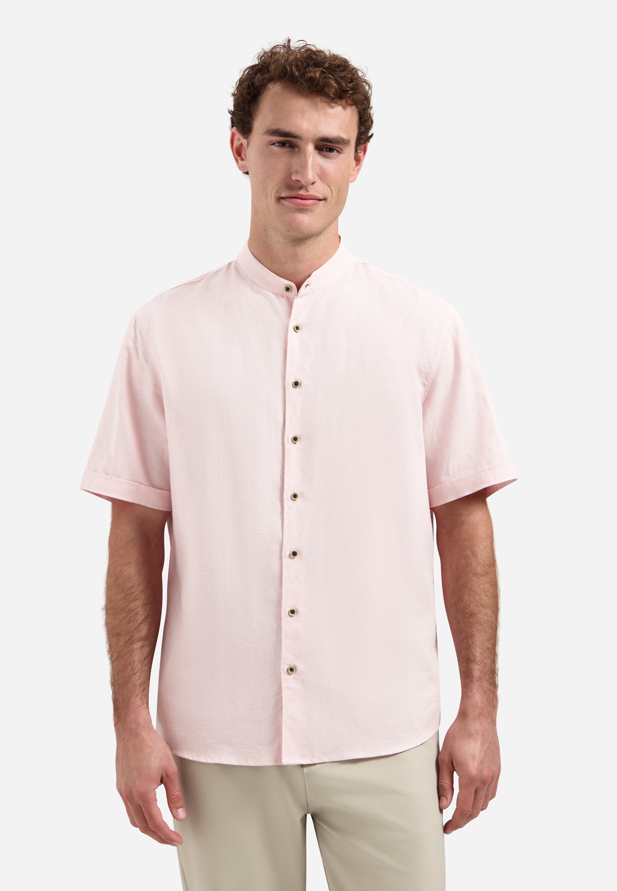 Linnenblend overhemd met korte mouw en staande kraag | Soft Pink