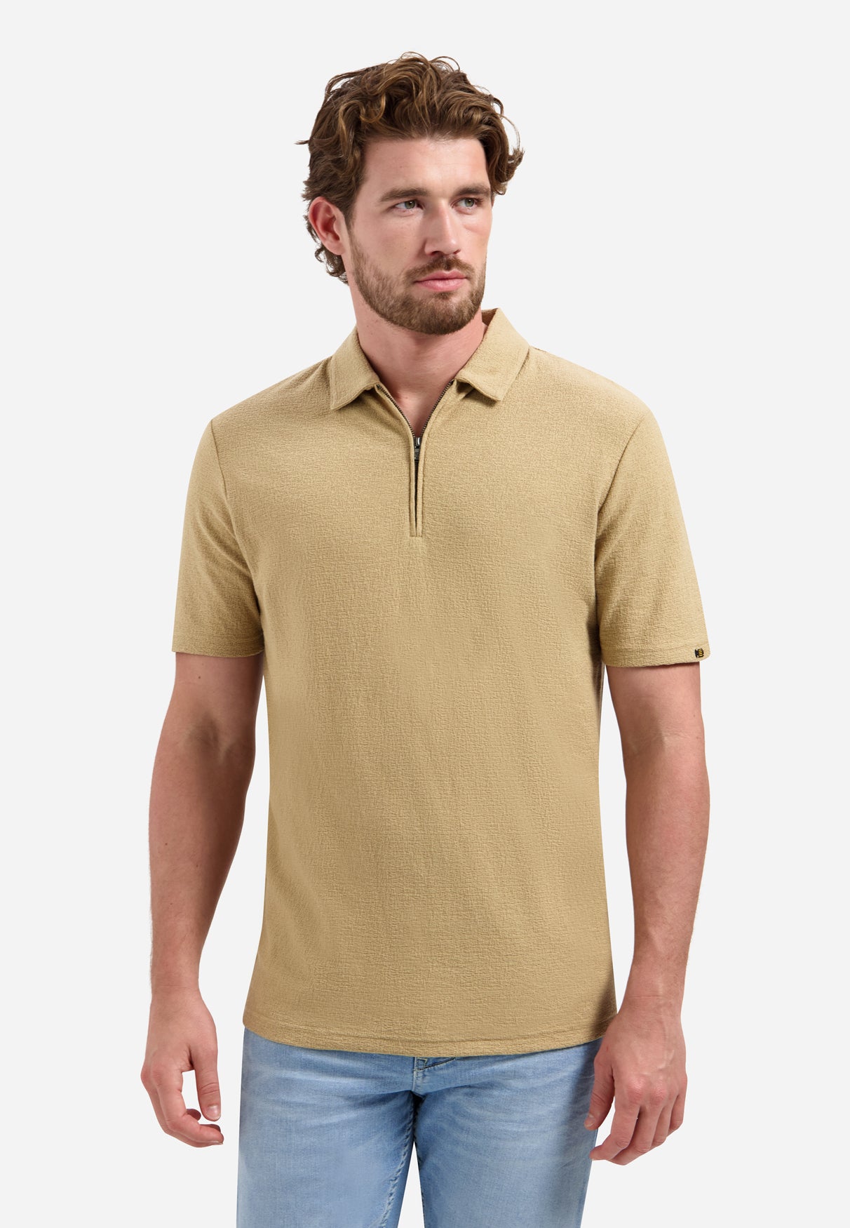 V-hals polo met korte mouwen en ritssluiting | Sand