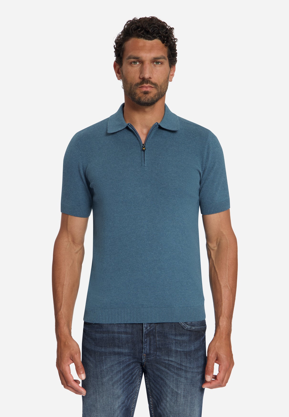 Fijngebreide Zip Polo | Shadow Blue