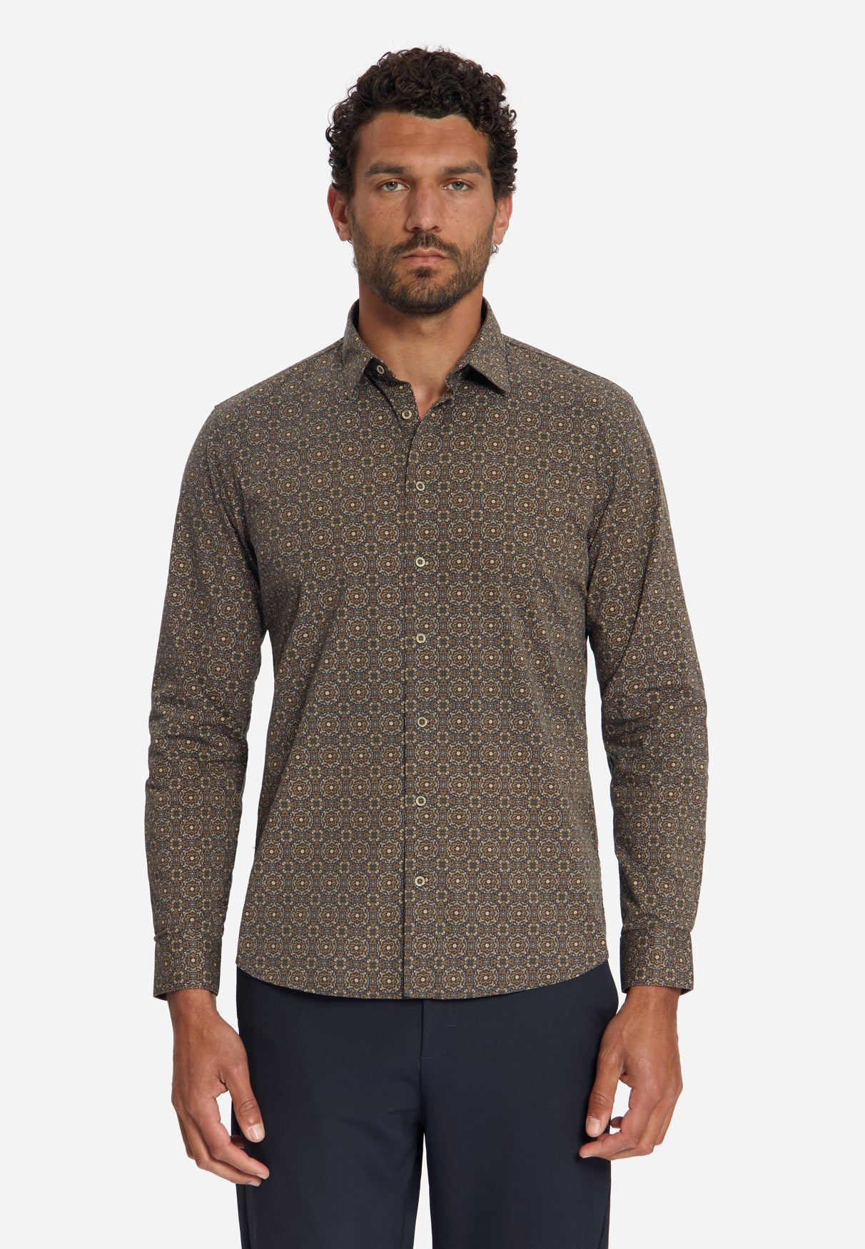 Geometrisch Print Stretch Overhemd | Caramel