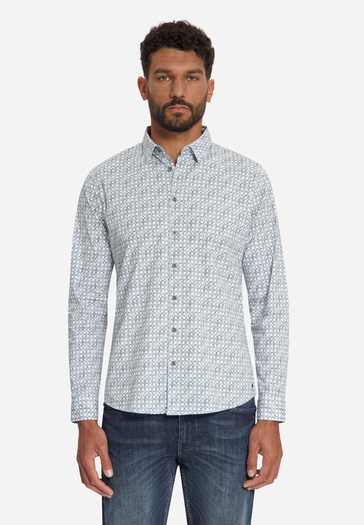 Geprint Stretch Overhemd | Dusty Blue