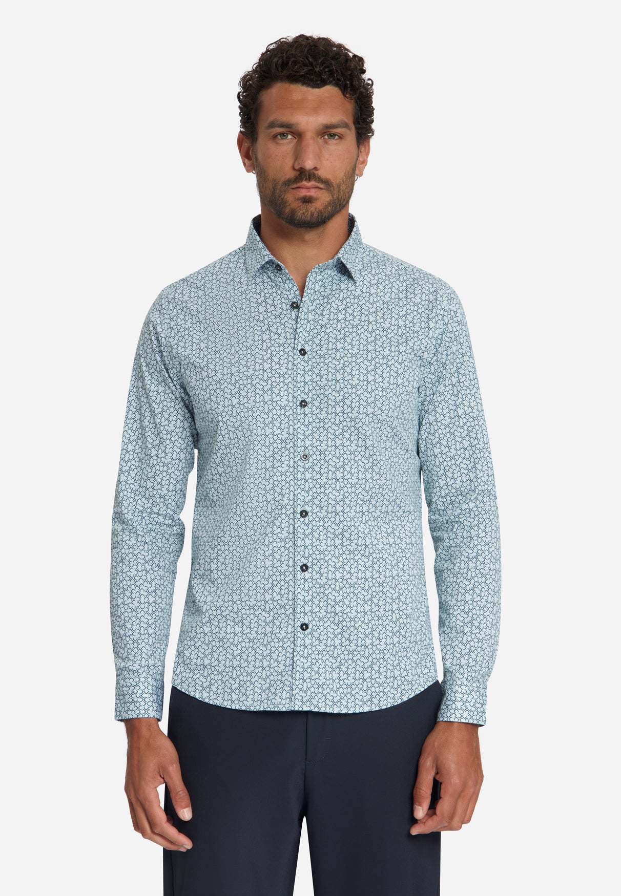 Geprint Stretch Overhemd | Dusty Blue