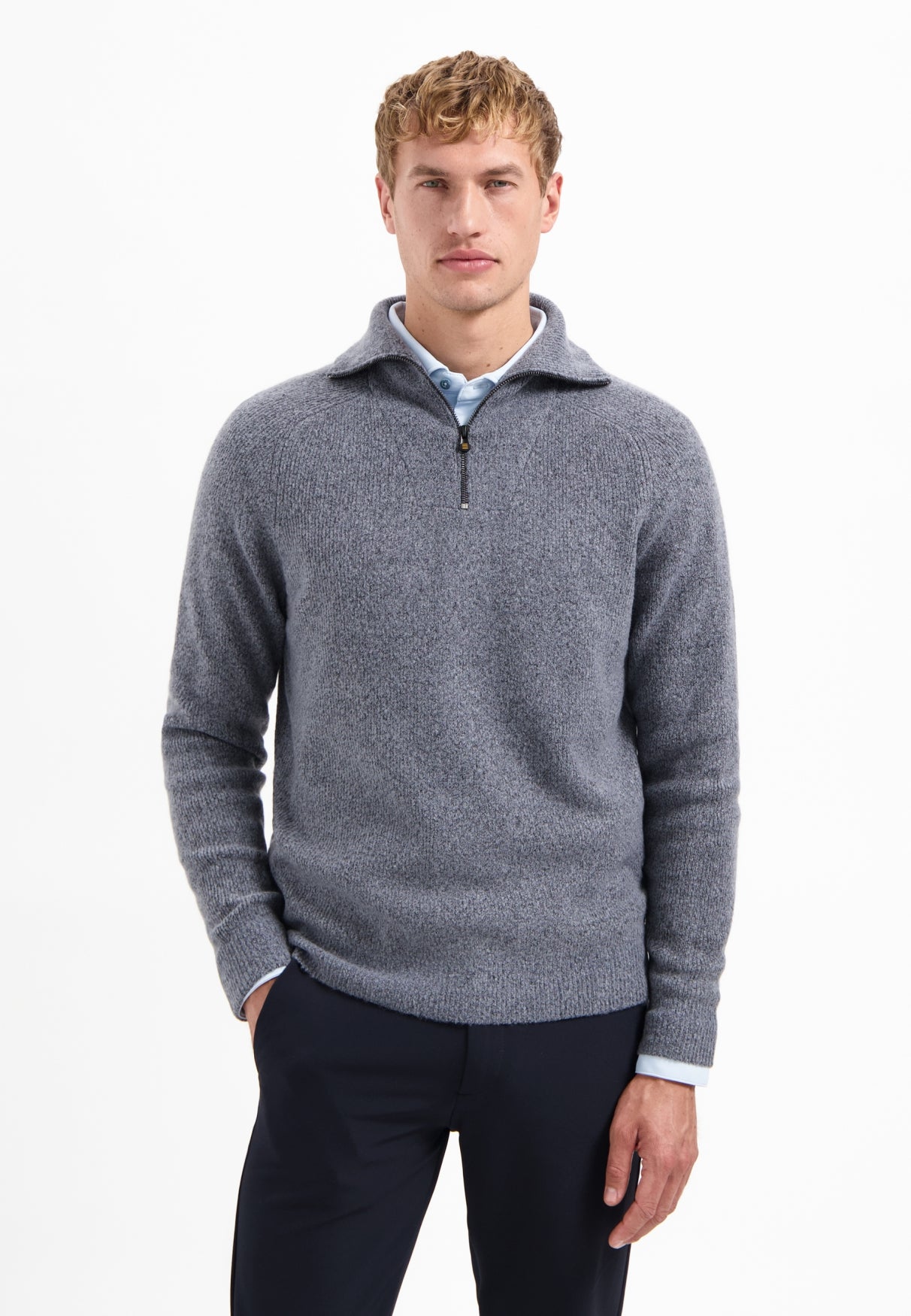 Wool blend high-zip jumper | Washed Blue