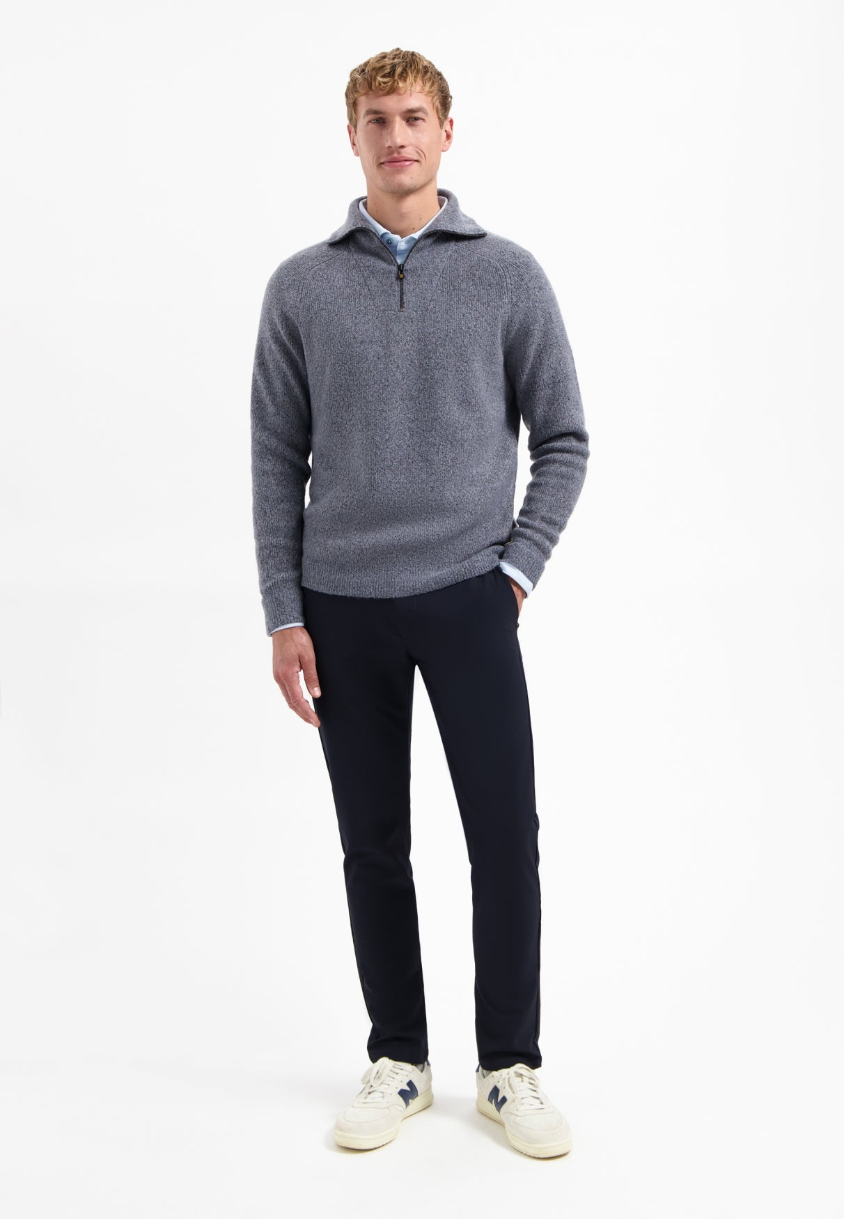 Wool blend high-zip jumper | Washed Blue