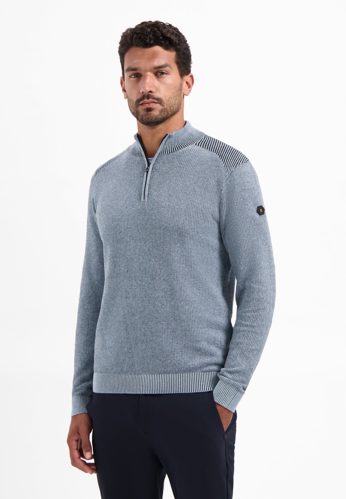 Trui met gestructureerde halve rits | Dusty Blue