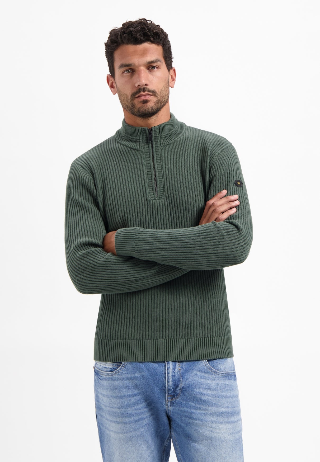 Trui met halve rits in zware ribstructuur | Dark Green