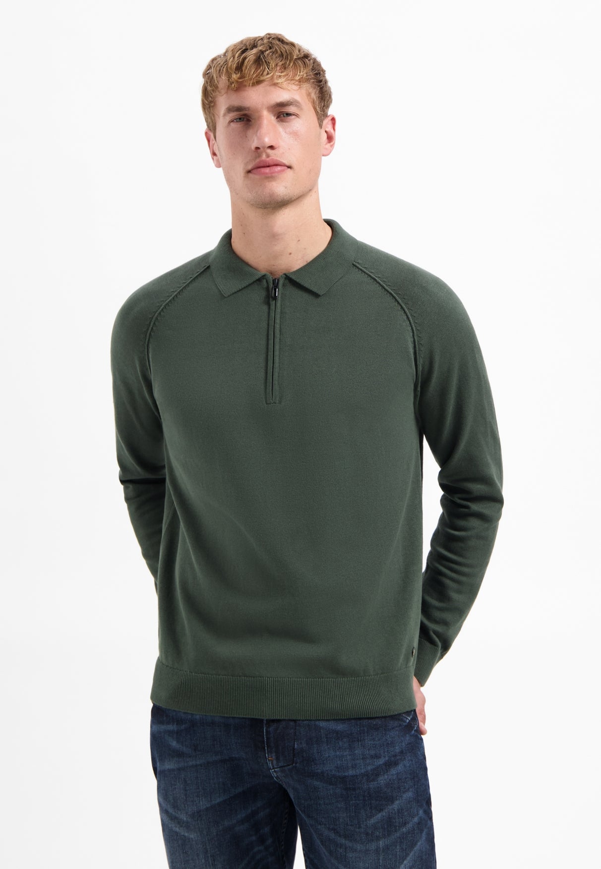 Trui met polokraag, halve rits en raglanmouwen | Dark Green