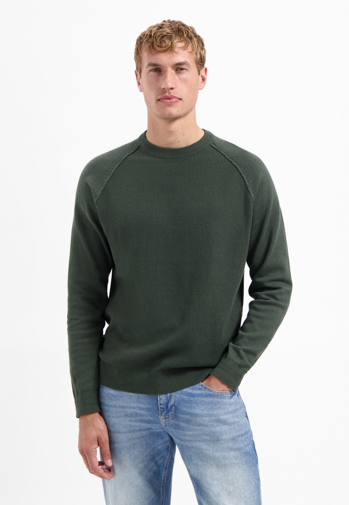 Ronde hals trui met wafelstructuur | Dark Green