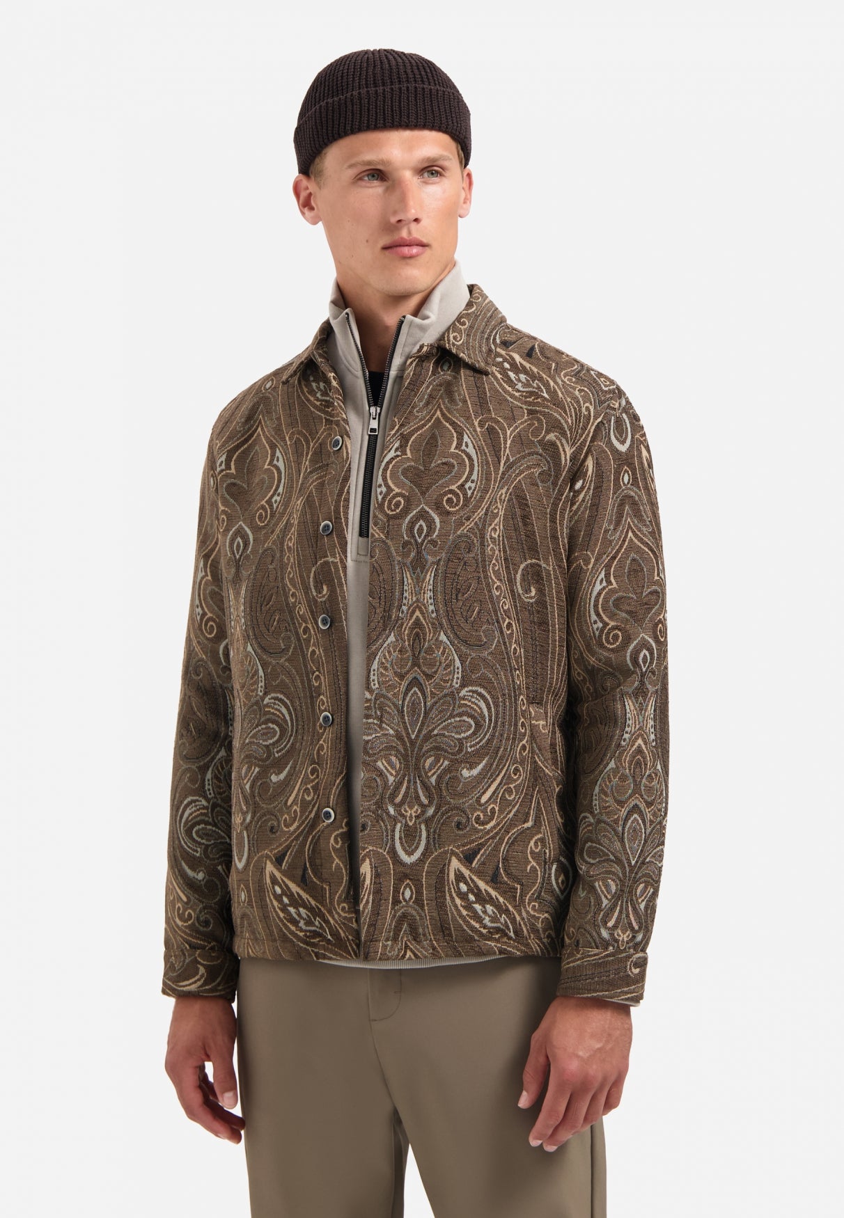 Patterned jacquard overshirt | Brown