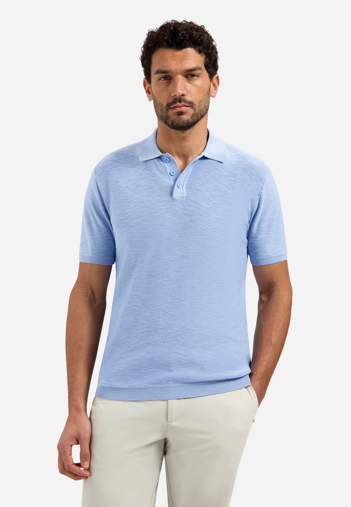 Gebreide slub polo met knopen Blauw