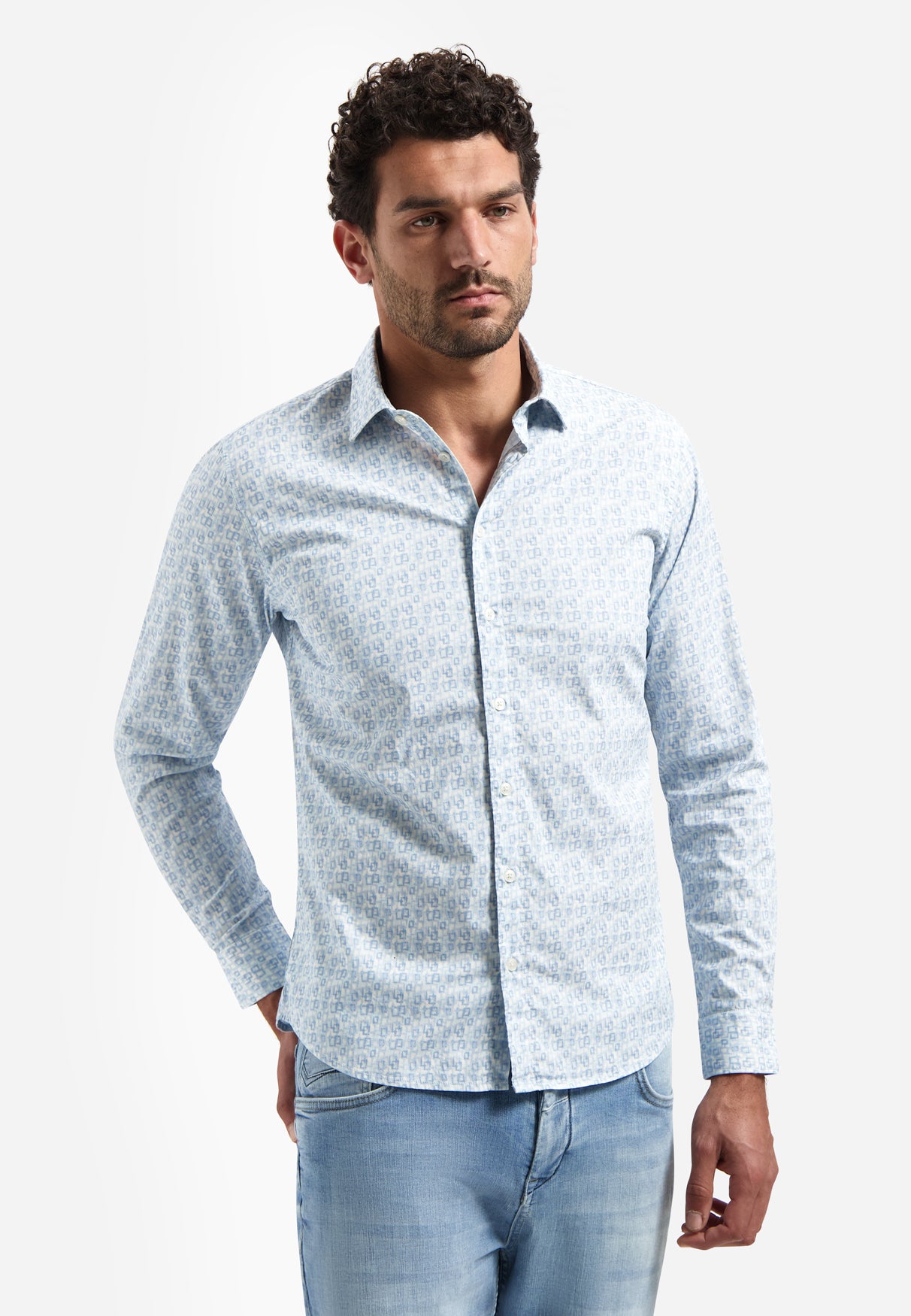 Stretch shirt met all-over print. | Blauw