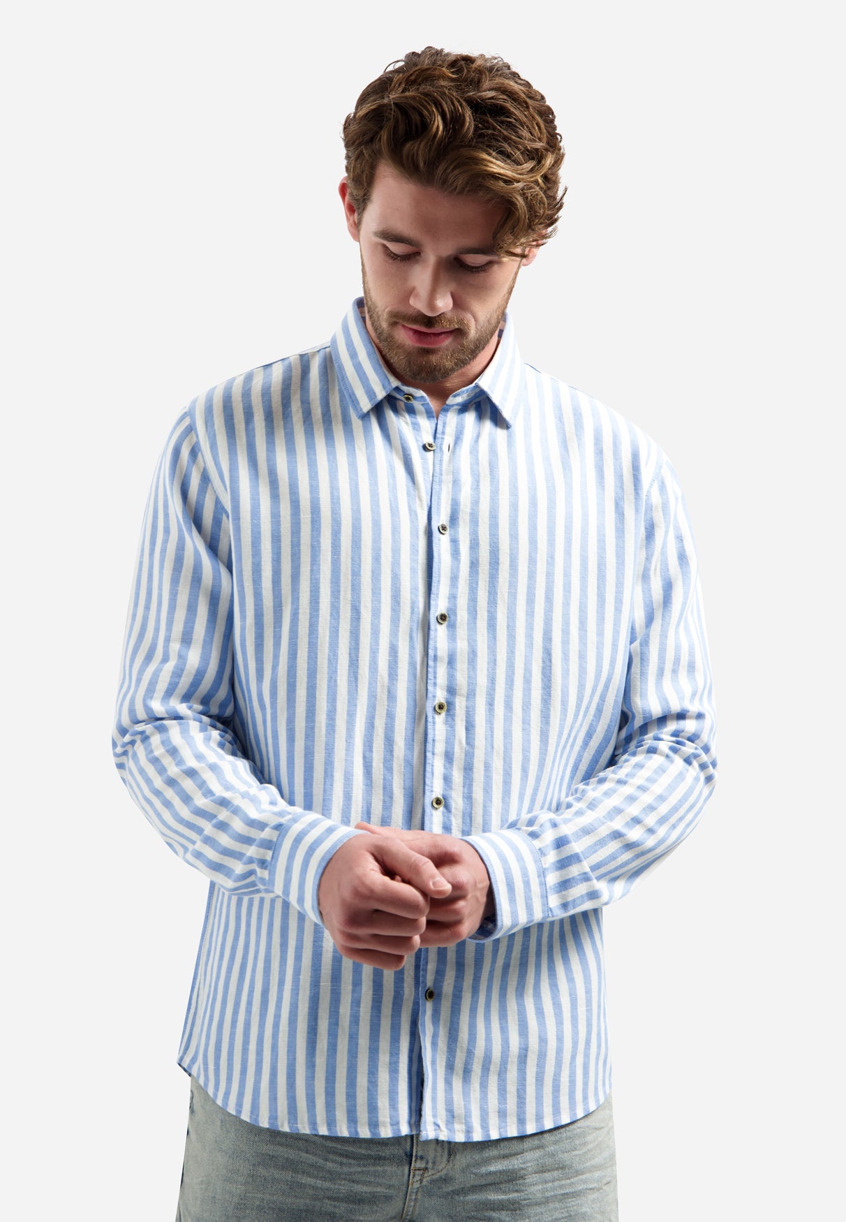 Linnen overhemd met brede strepen Blauw