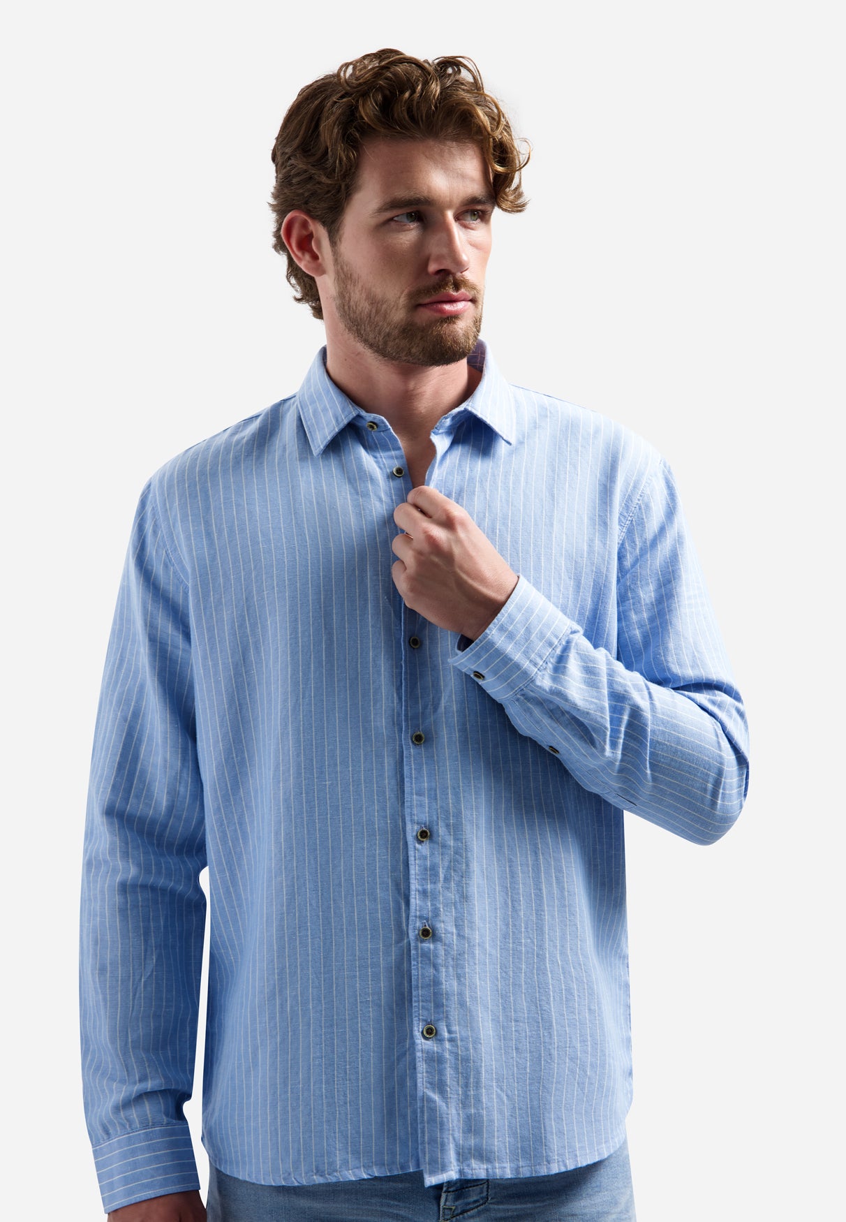 Shirt van linnenmix met fijne strepen | Blauw