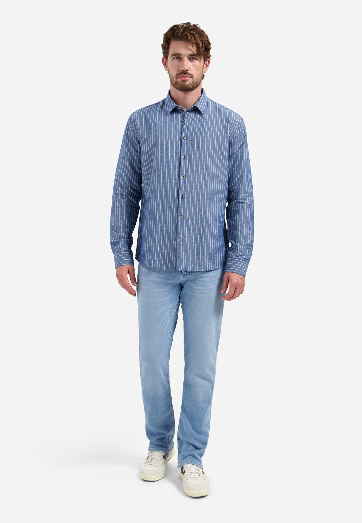 Linnenblend overhemd met fijne streep | Indigo Blue