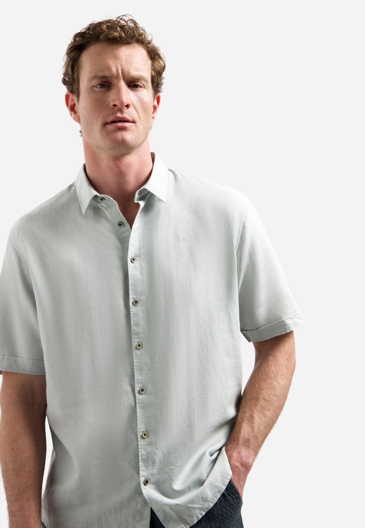 Shirt van linnenmix met korte mouwen | Dusty Green
