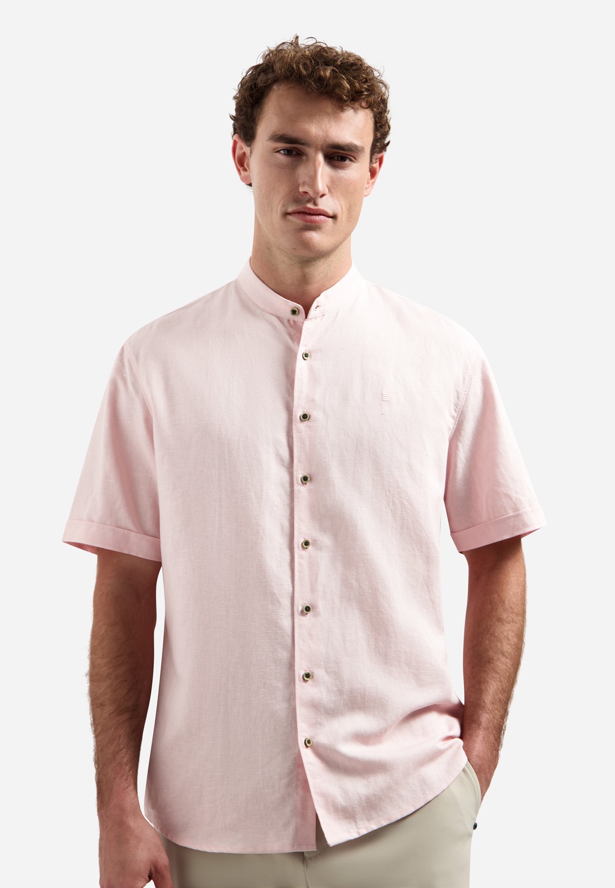 Linnenblend overhemd met korte mouw en staande kraag | Soft Pink