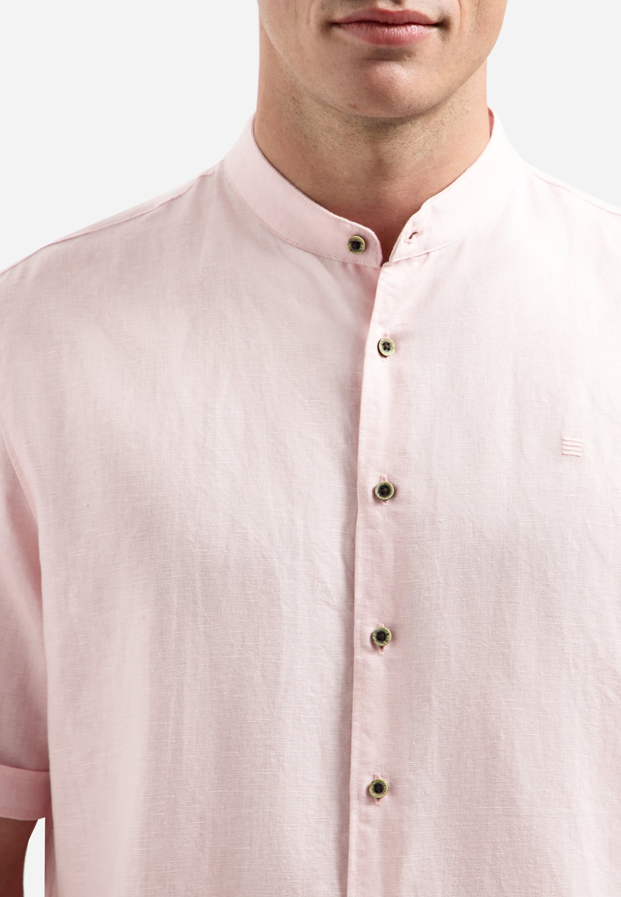 Linnenblend overhemd met korte mouw en staande kraag | Soft Pink