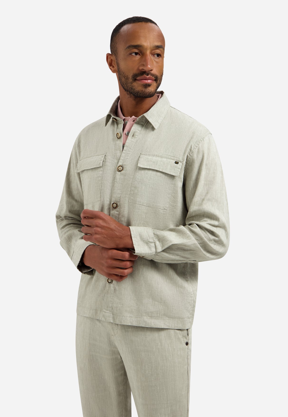 Tweekleurig linnen overshirt | Taupe