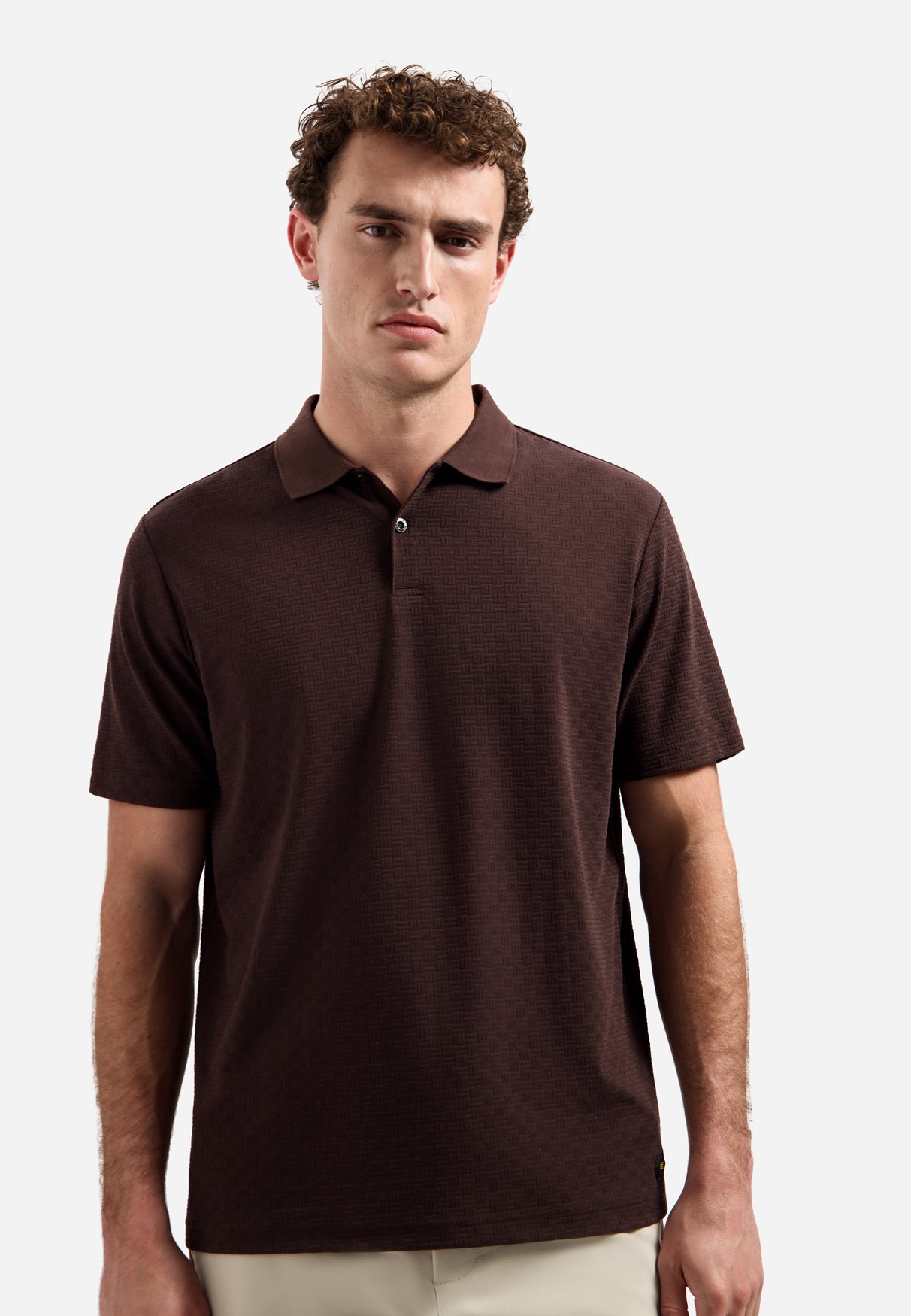Polo met V-hals, korte mouwen en gestructureerd | Dark Brown