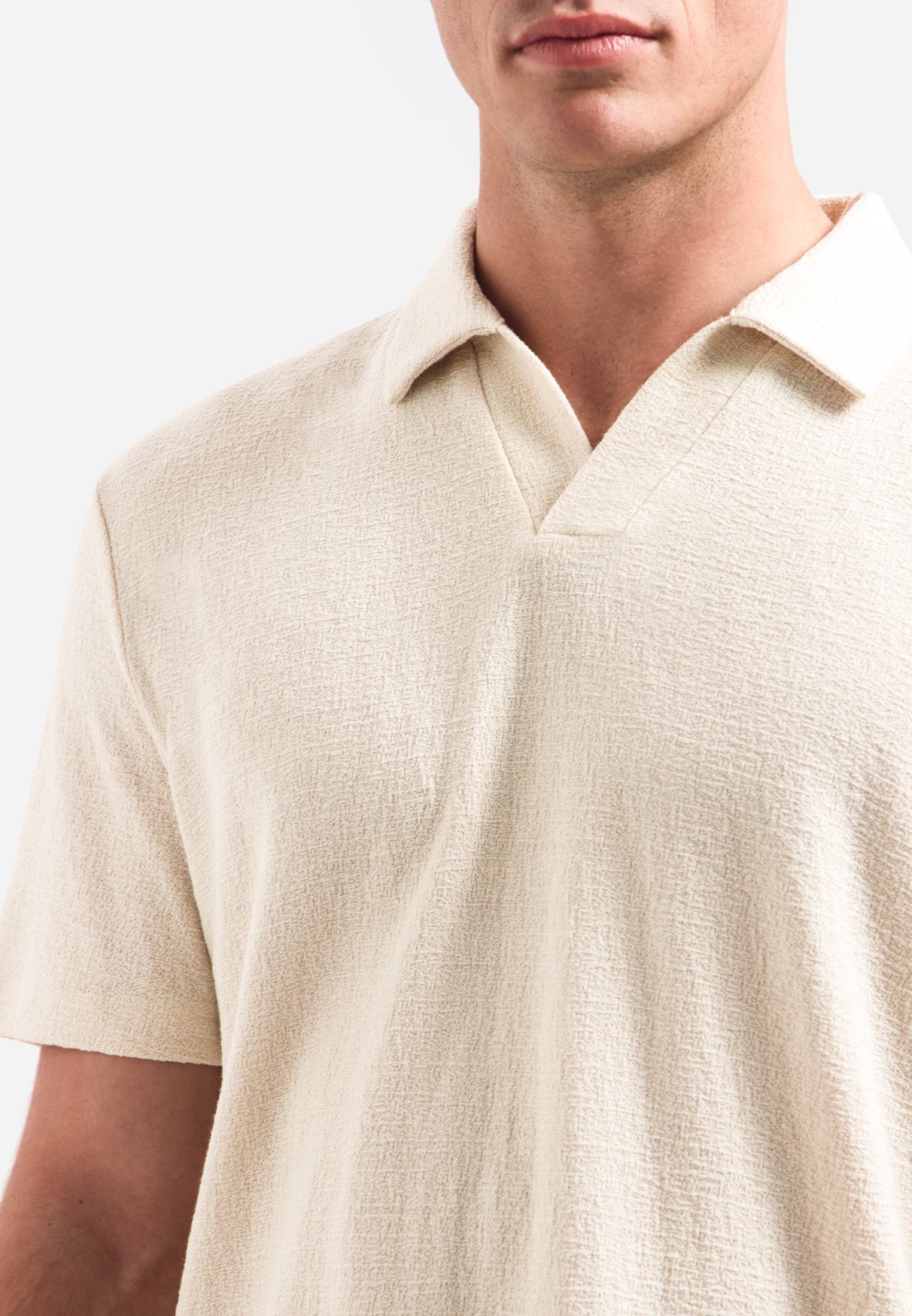 Textured V-hals polo met korte mouwen | Stone