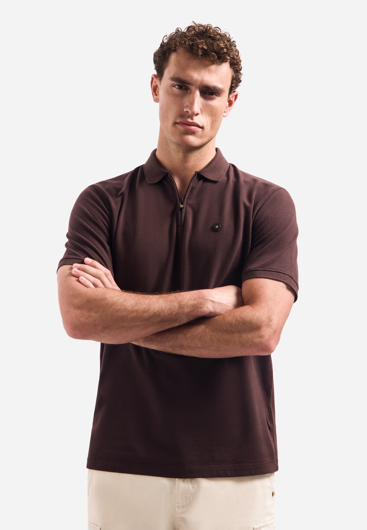 Halfzip polo met korte mouwen Dark Brown