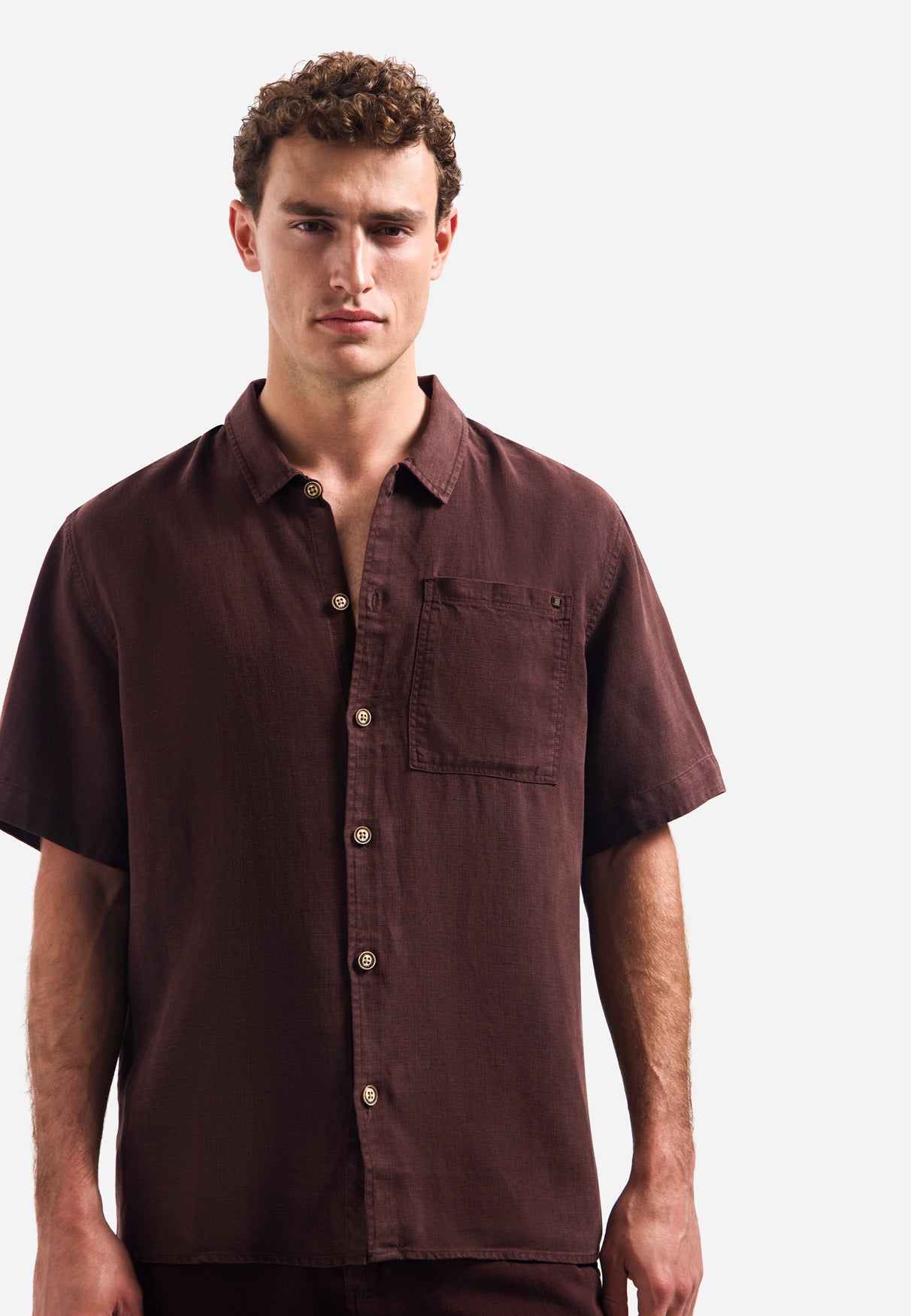 Overhemd van linnenmix met korte mouwen | Dark Brown