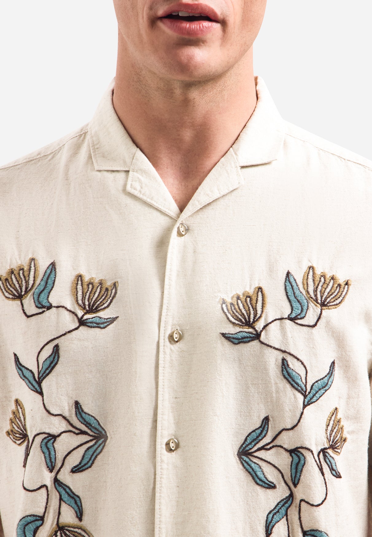 Shirt met korte mouwen en geborduurde bloemen | Stone