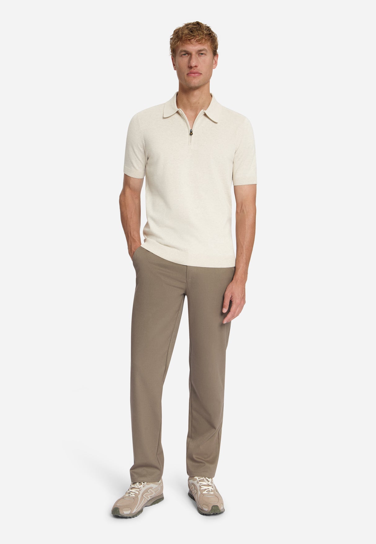 Fijngebreide Zip Polo | Stone