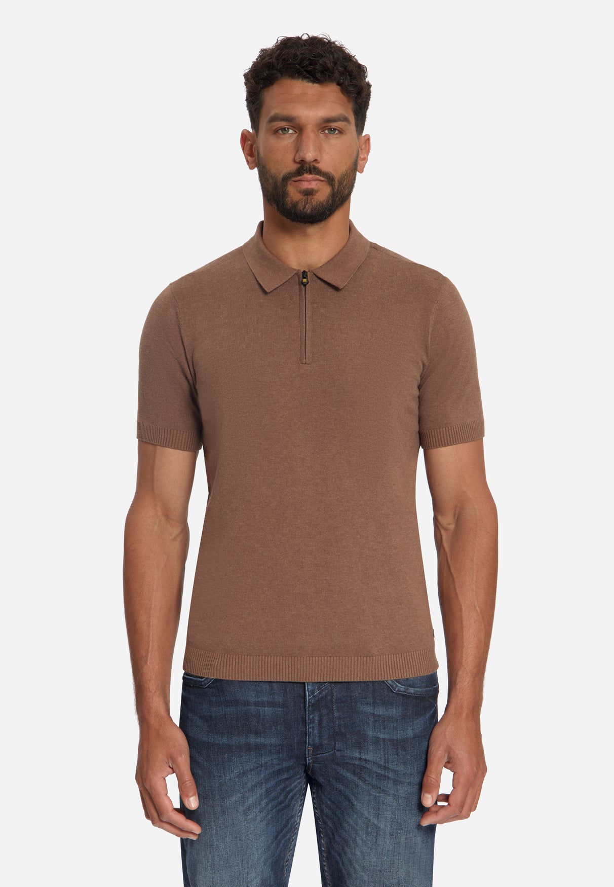Fijngebreide Zip Polo | Light Brown