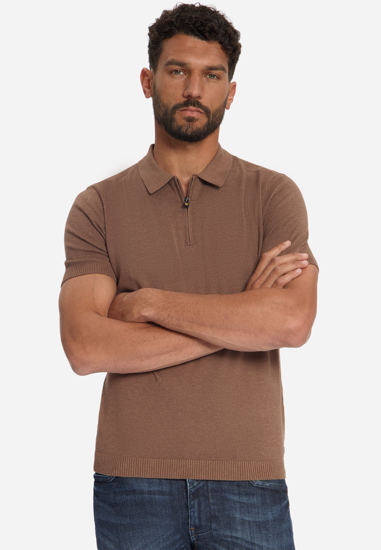 Fijngebreide Zip Polo | Light Brown