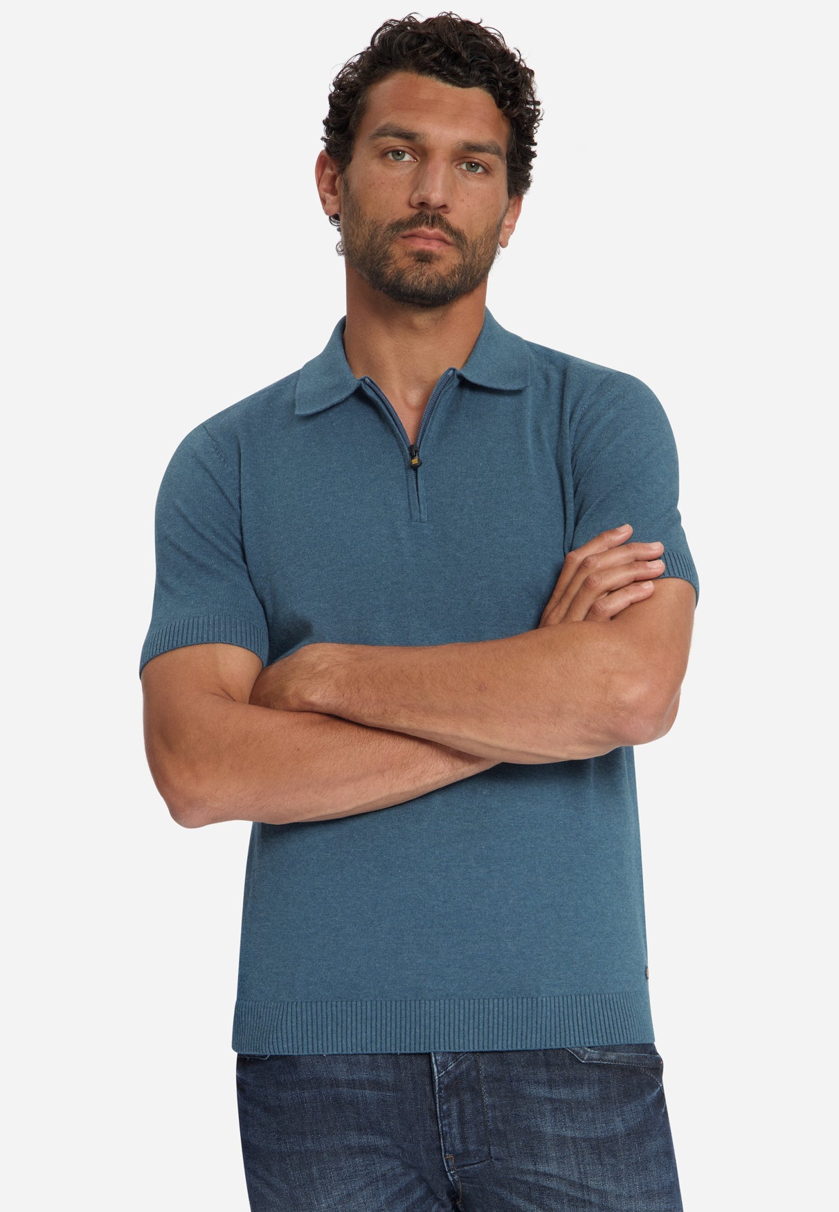 Fijngebreide Zip Polo | Shadow Blue