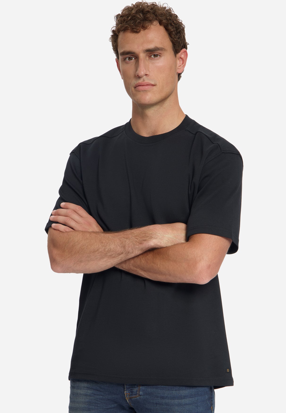 T-shirt met ronde hals, effen, zware interlock | Zwart