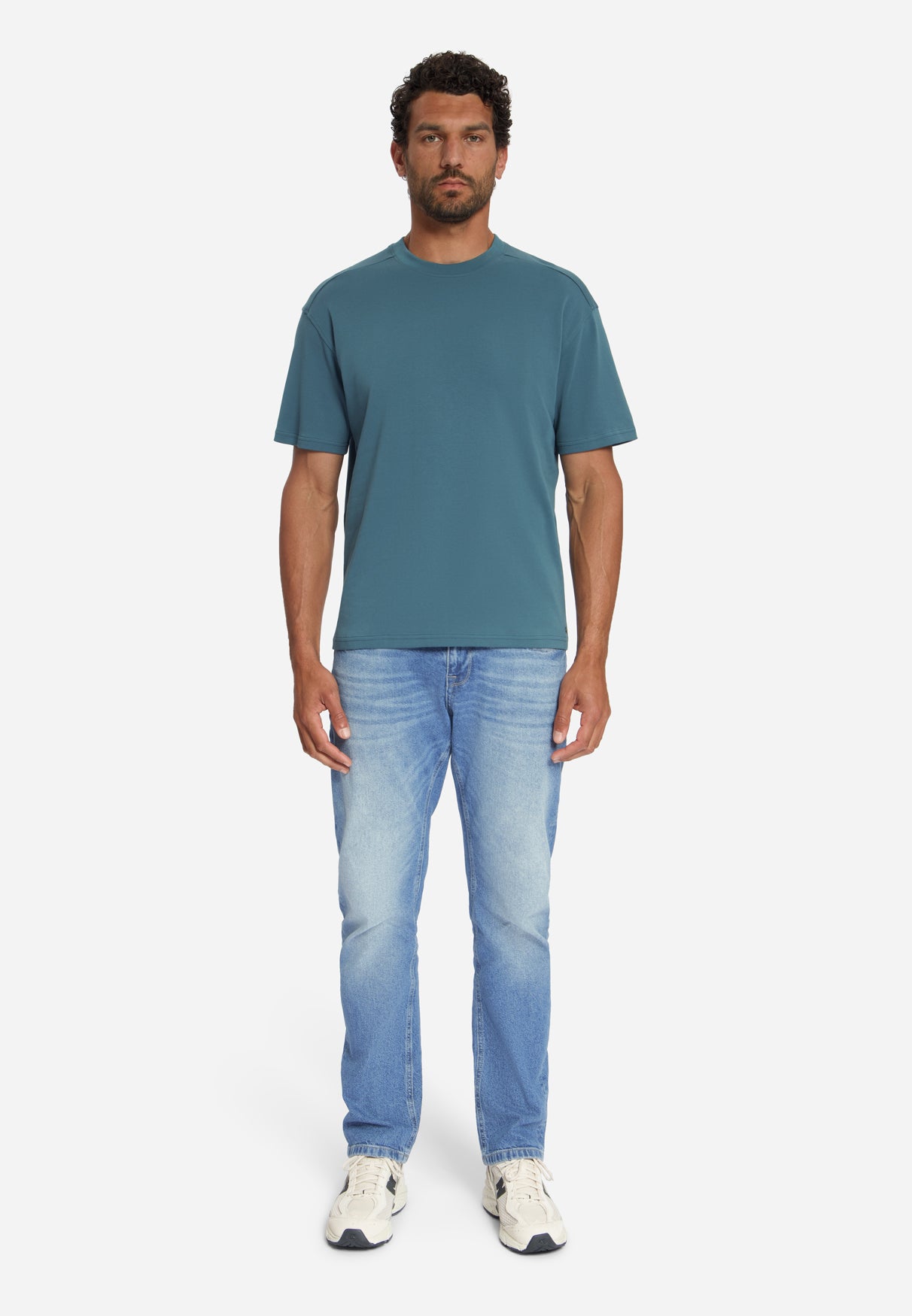 T-shirt met ronde hals, effen, zware interlock | Shadow Blue