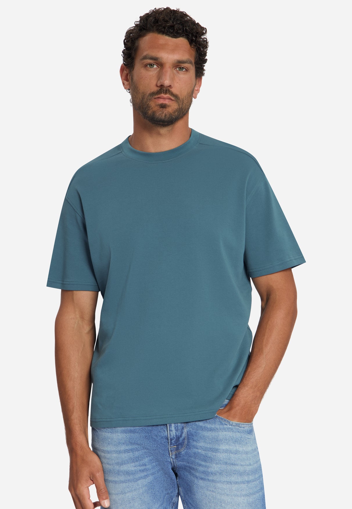T-shirt met ronde hals, effen, zware interlock | Shadow Blue
