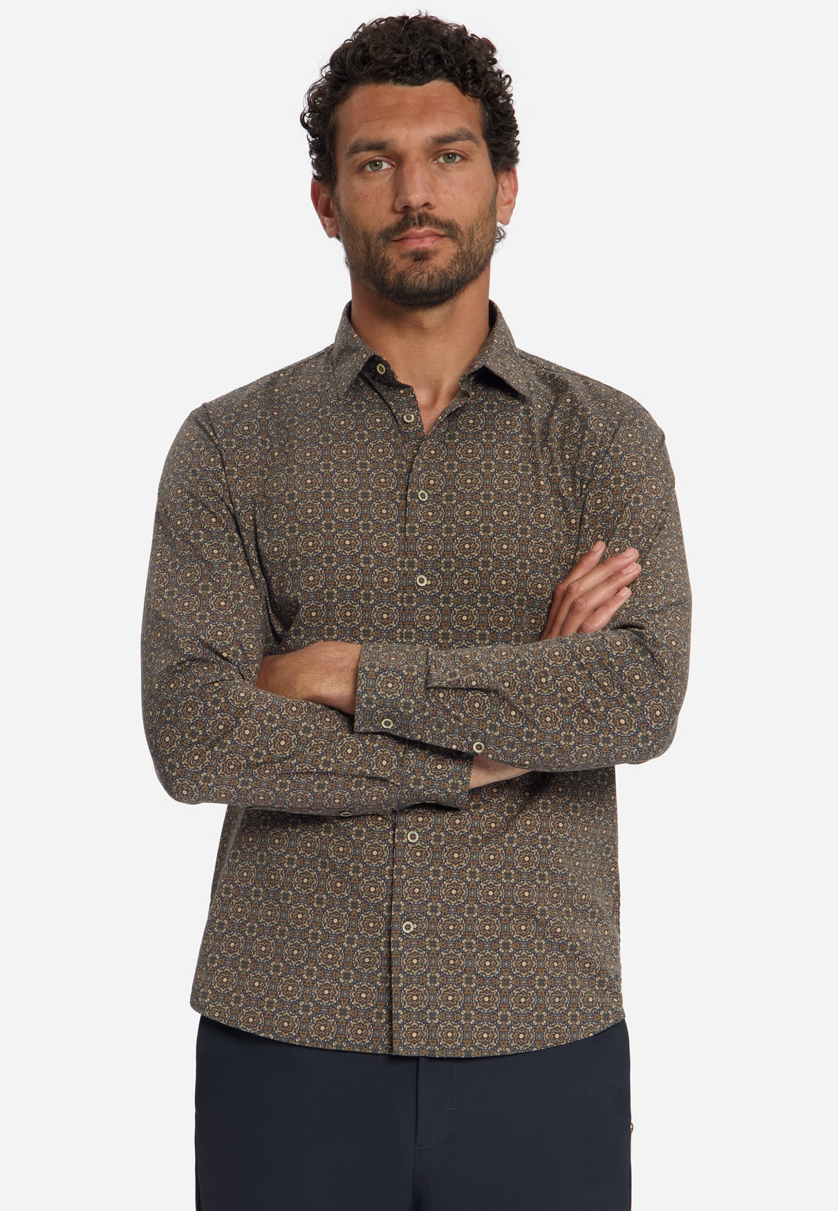 Geometrisch Print Stretch Overhemd | Caramel