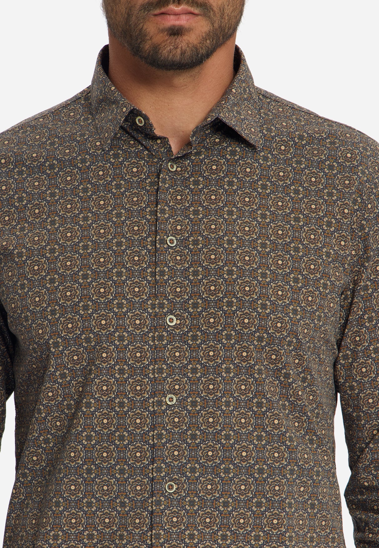 Geometrisch Print Stretch Overhemd | Caramel
