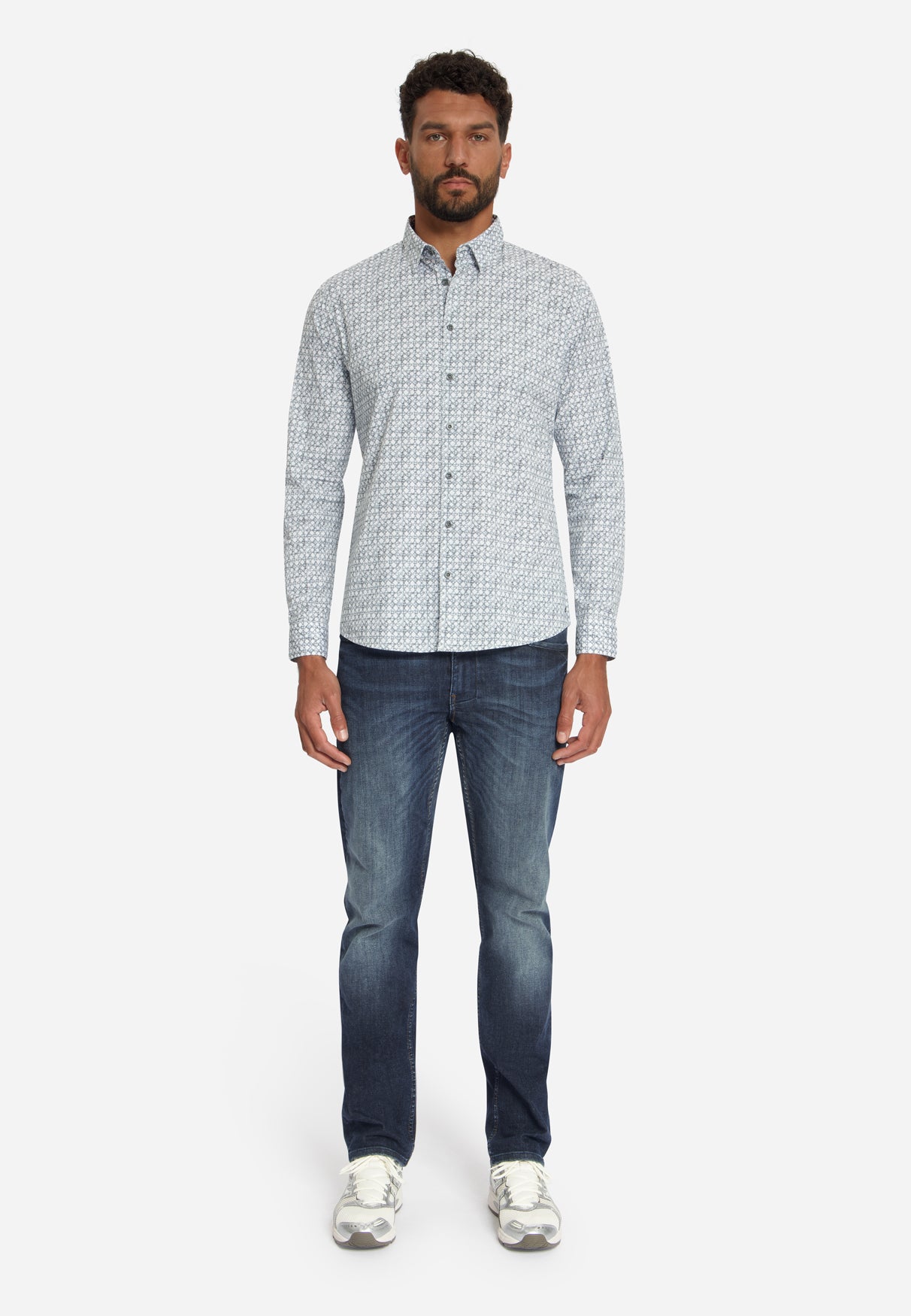 Geprint Stretch Overhemd | Dusty Blue