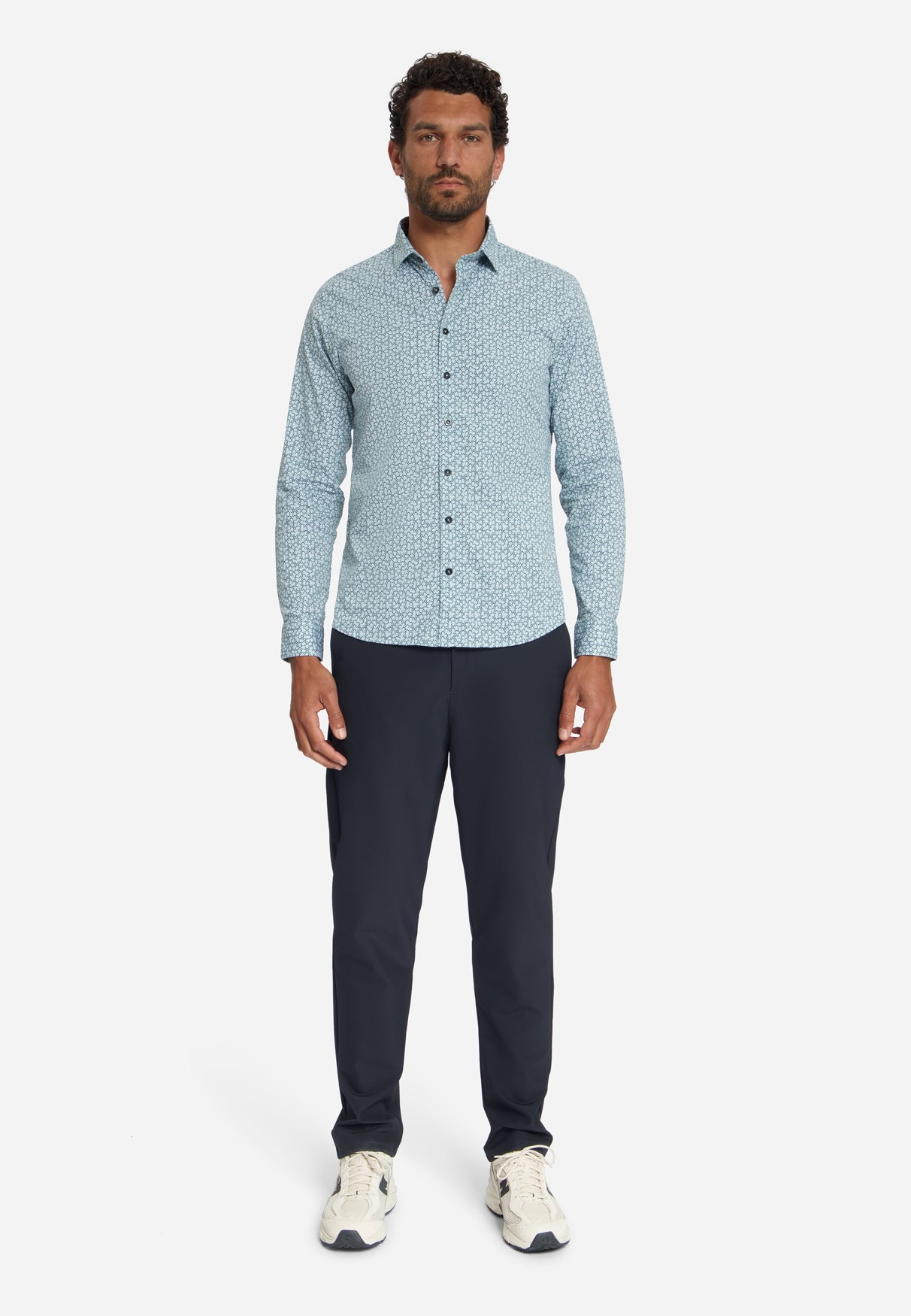Geprint Stretch Overhemd | Dusty Blue